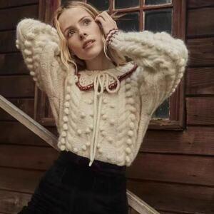 DOEN Rare Valentina Alpaca Peter Pan Collar Pom Pom Pullover Sweater Size XL